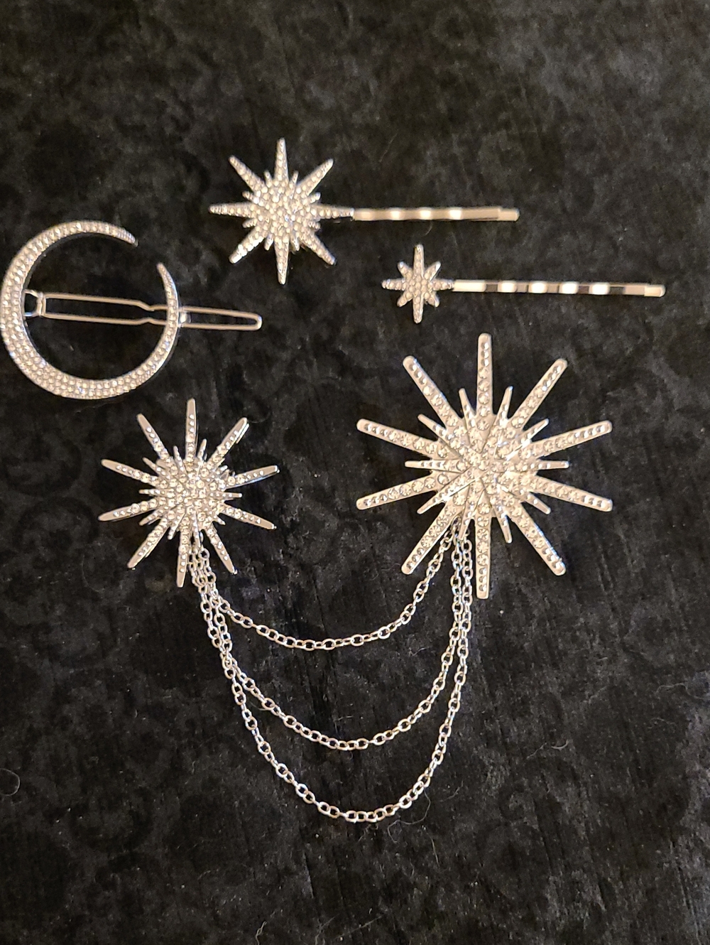 Silvertone Star & Moon Crystal Hair Clip And Double Chain Star Brooch Set- New